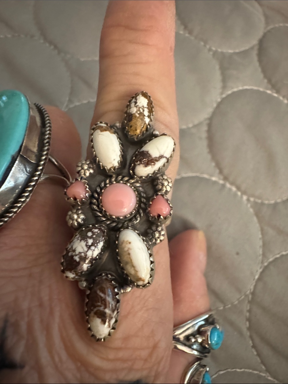 Sterling Silver Pink conch and White horse adjustable Ring